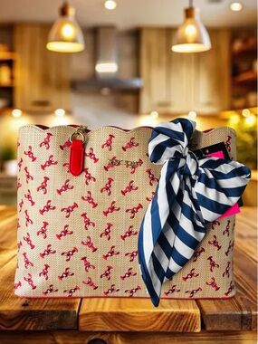 🆕🦞 Betsey Johnson Straw & Lobster Tote With Scarf Bow NWT